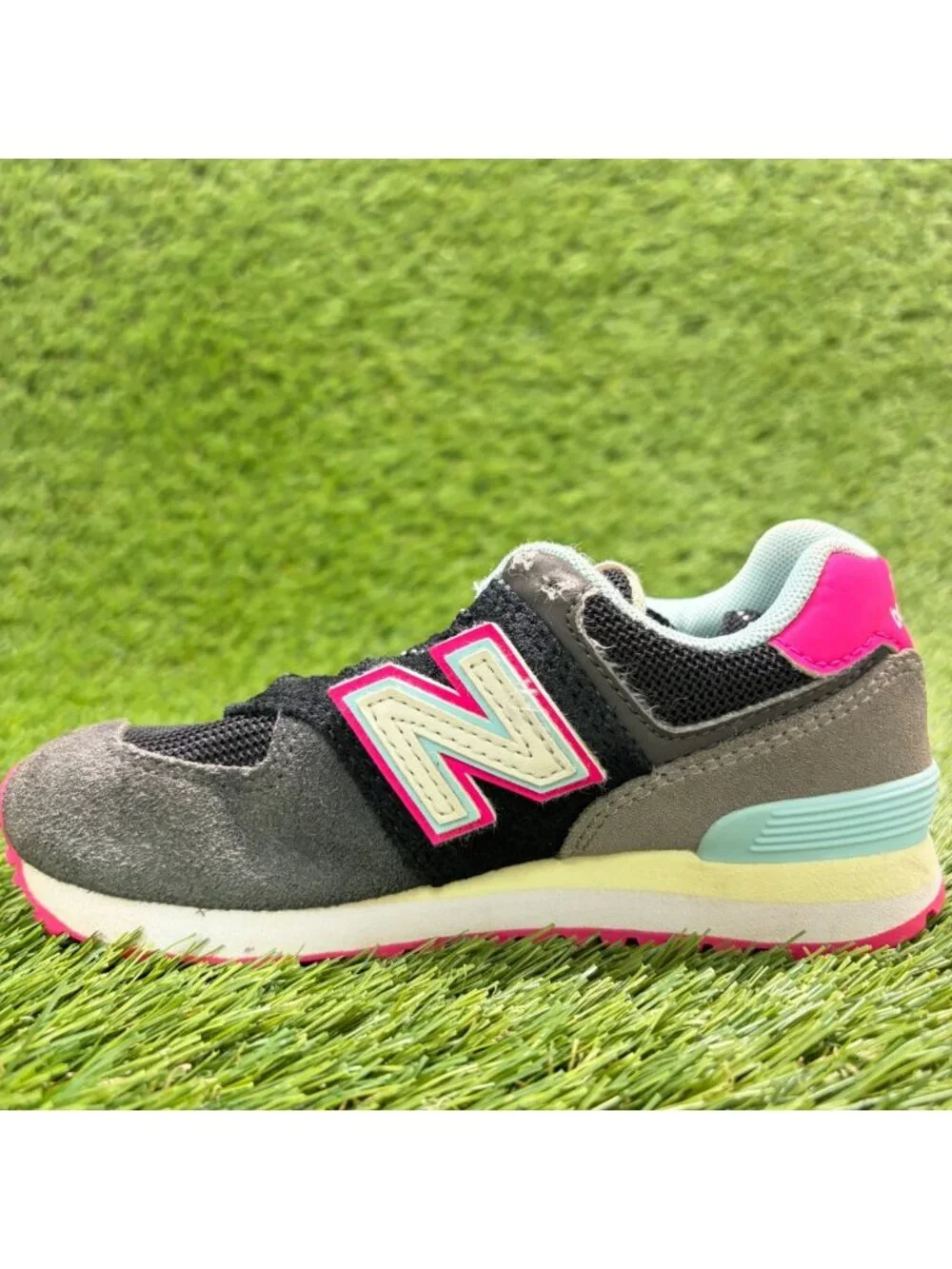 New Balance 574 Girls Size 11C Black Pink Blue Athletic Running Shoes Sneakers